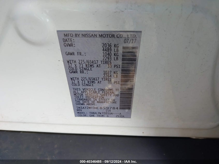 VIN 5N1AT2MT0HC859784 2017 NISSAN ROGUE S