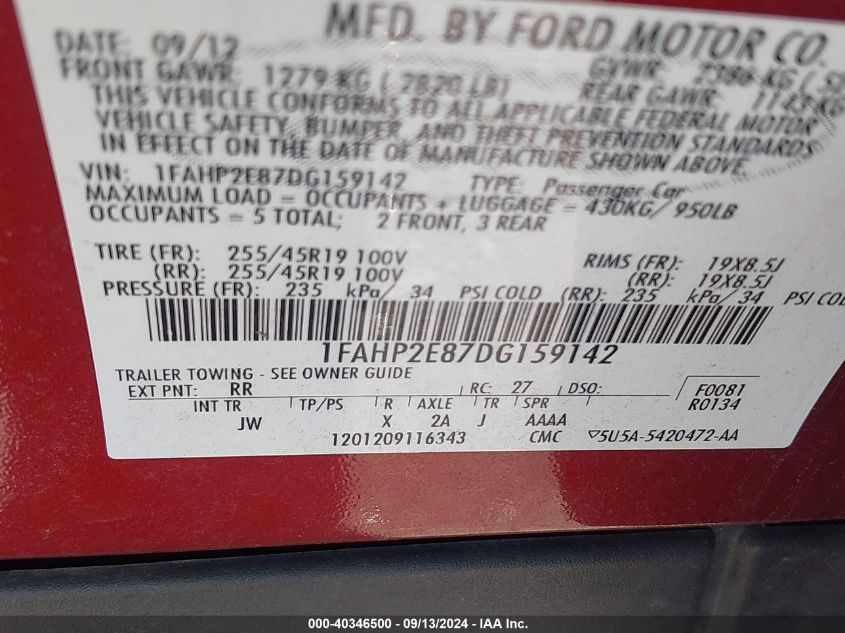 1FAHP2E87DG159142 2013 Ford Taurus Sel