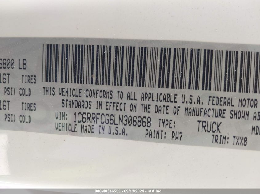 2020 Ram 1500 Tradesman VIN: 1C6RRFCG6LN306868 Lot: 40346553