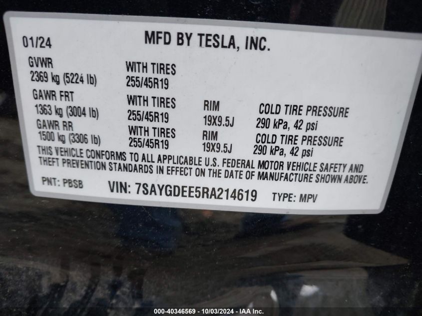 2024 Tesla Model Y Long Range Dual Motor All-Wheel Drive VIN: 7SAYGDEE5RA214619 Lot: 40346569