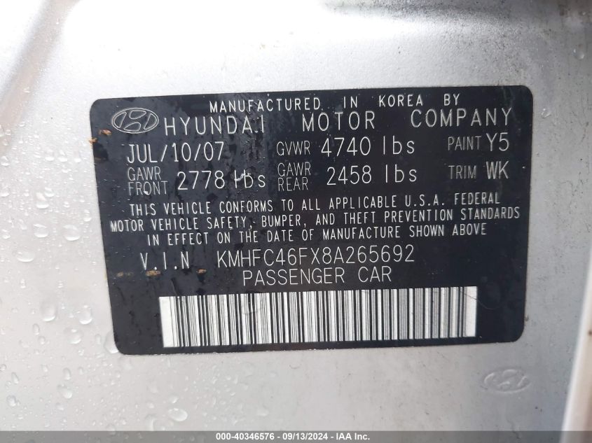 KMHFC46FX8A265692 2008 Hyundai Azera Limited