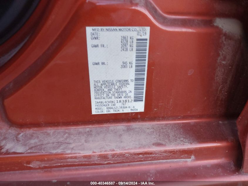 2019 Nissan Altima 2.5 Sr VIN: 1N4BL4CV0KC183812 Lot: 40346587