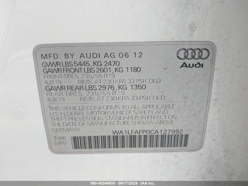 2012 Audi Q5 2.0T Premium VIN: WA1LFAFP0CA127992 Lot: 40346608