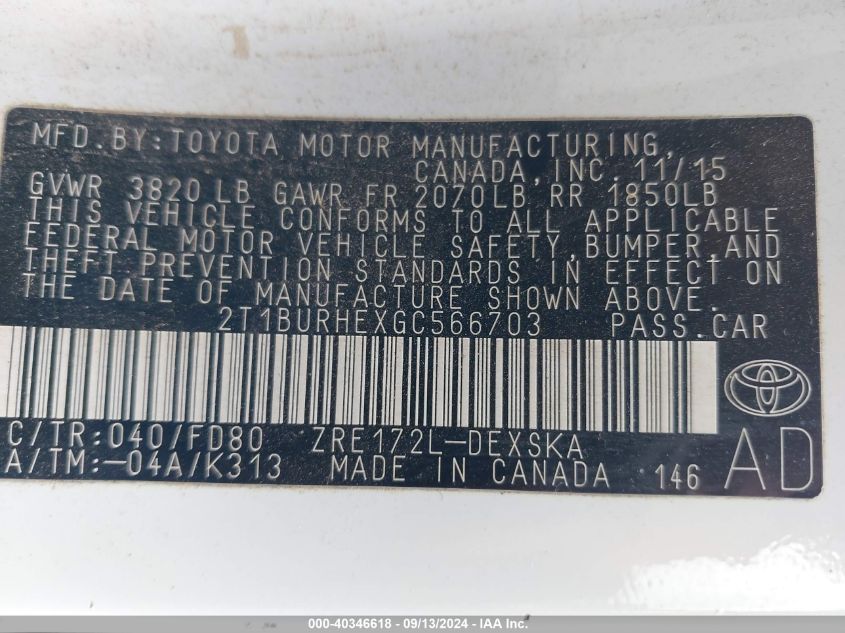 2016 TOYOTA COROLLA S PLUS - 2T1BURHEXGC566703