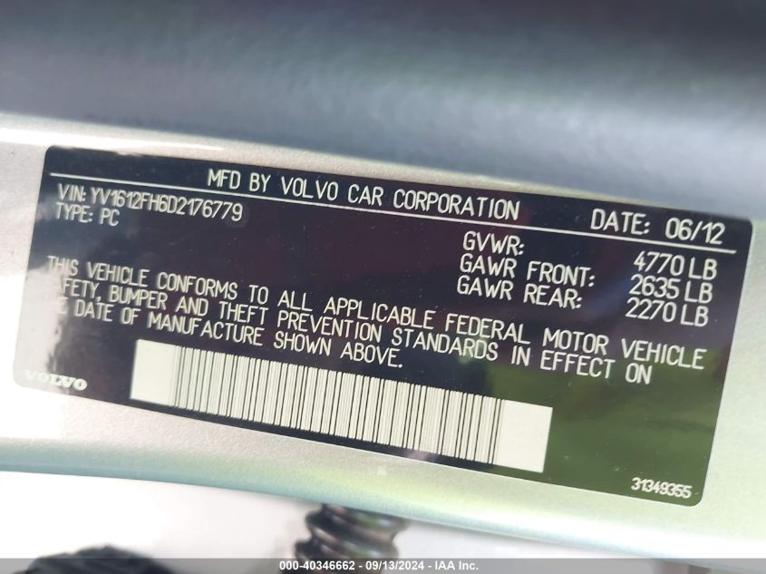 YV1612FH6D2176779 2013 Volvo S60 T5