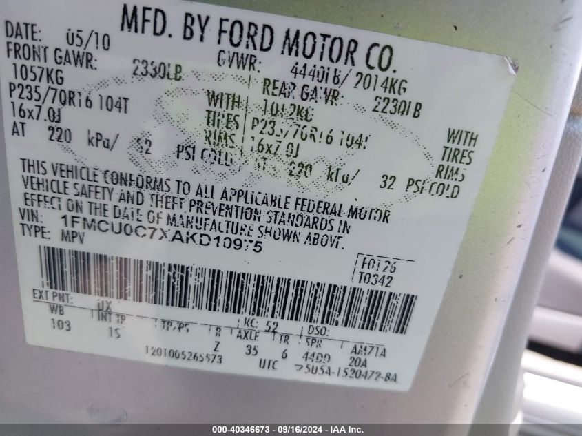 1FMCU0C7XAKD10975 2010 Ford Escape Xls