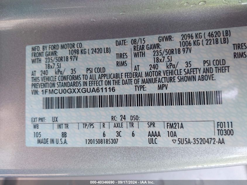 1FMCU0GXXGUA61116 2016 Ford Escape Se