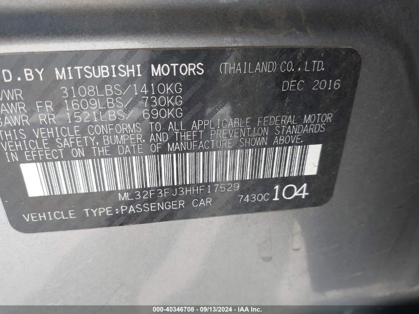 ML32F3FJ3HHF17529 2017 Mitsubishi Mirage G4 Es