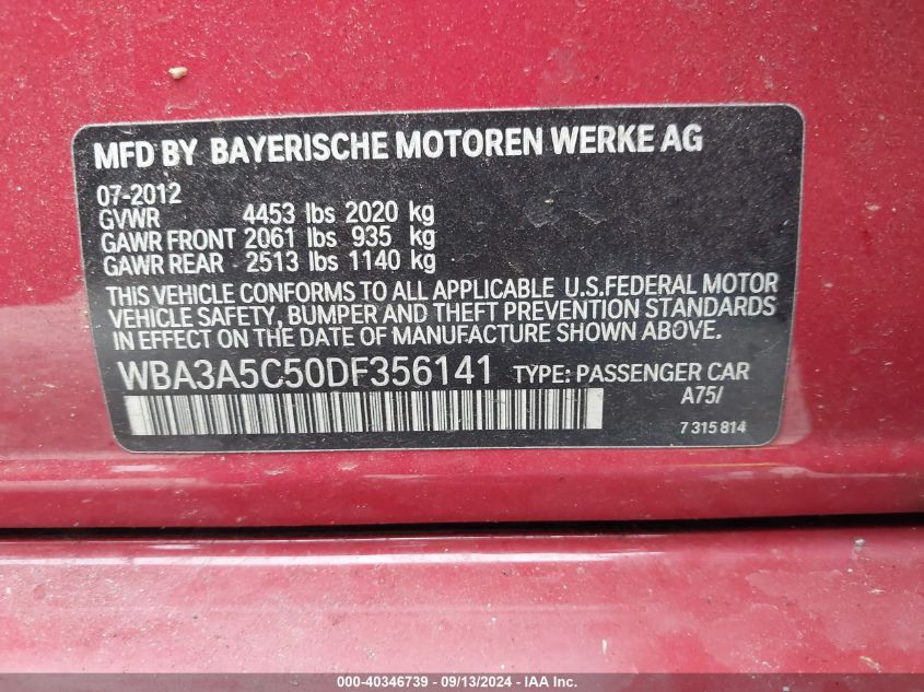 2013 BMW 3 Series 328I VIN: WBA3A5C50DF356141 Lot: 40346739