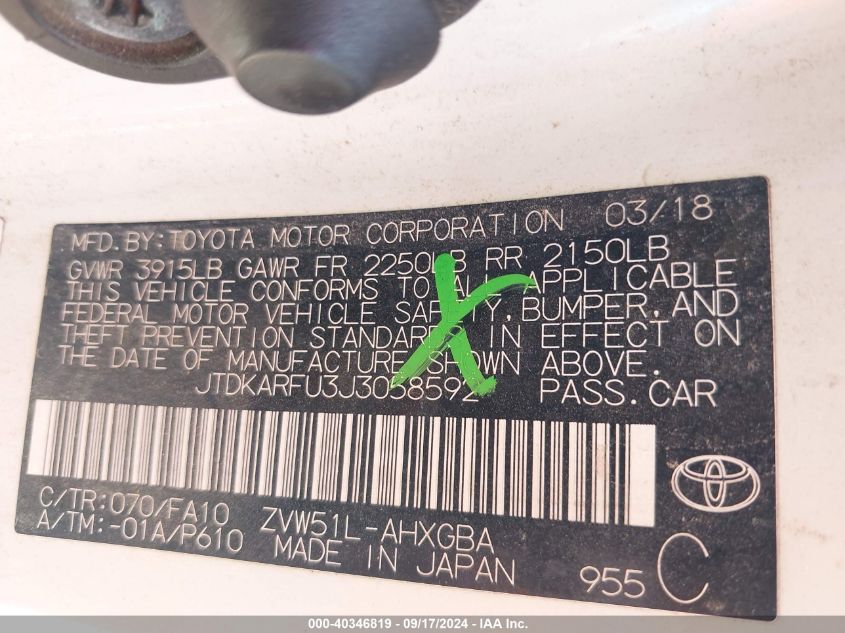 2018 Toyota Prius Three VIN: JTDKARFU3J3058592 Lot: 40346819