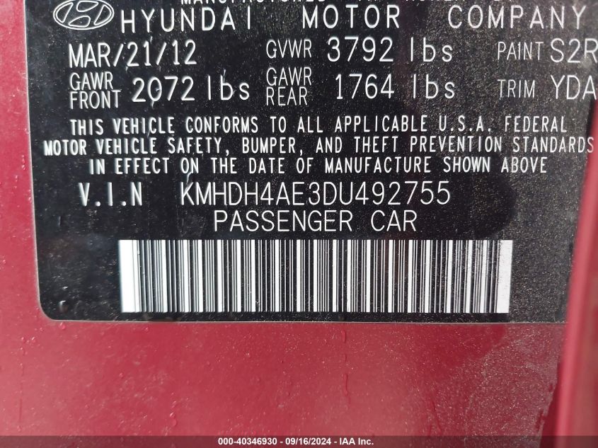 2013 Hyundai Elantra Gls VIN: KMHDH4AE3DU492755 Lot: 40346930