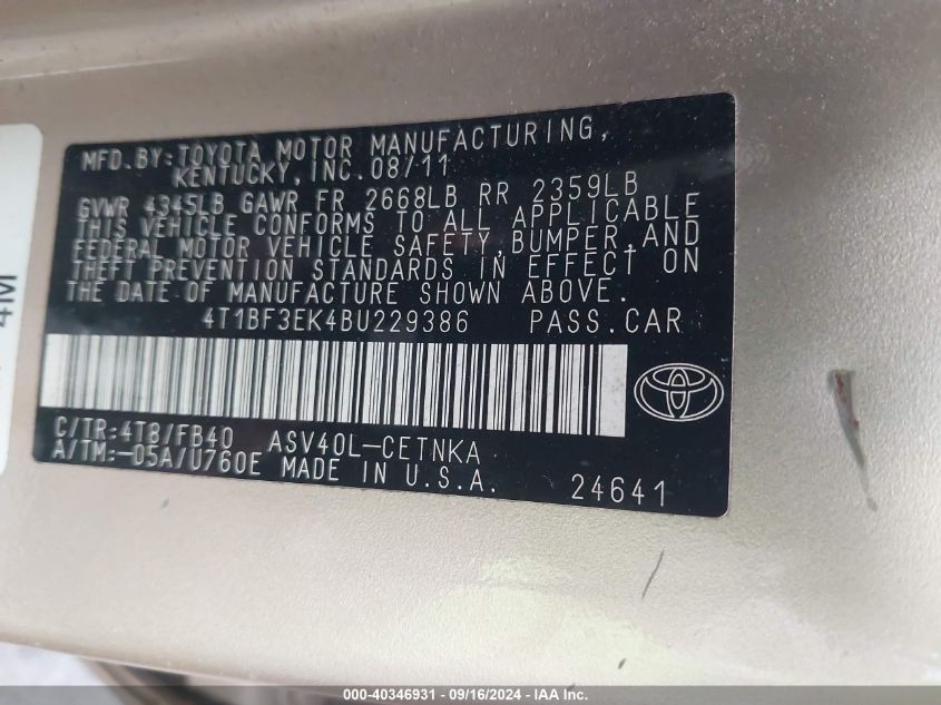 4T1BF3EK4BU229386 2011 Toyota Camry Le