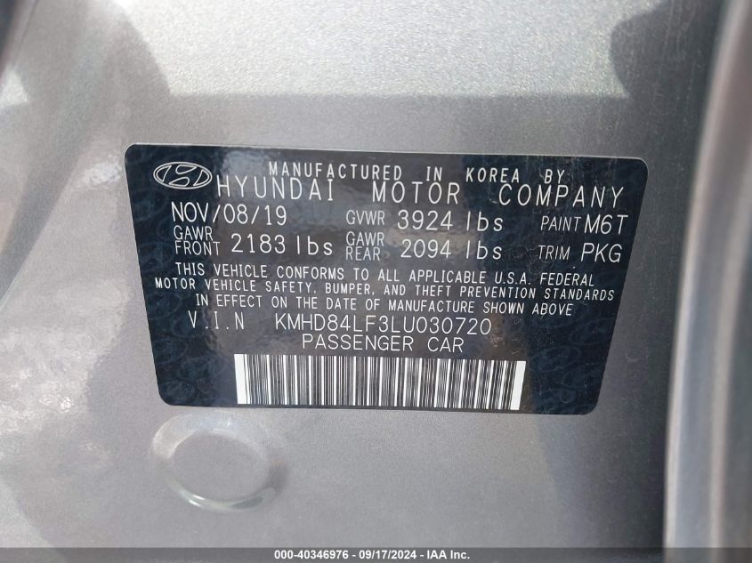 2020 Hyundai Elantra Sel VIN: KMHD84LF3LU030720 Lot: 40346976