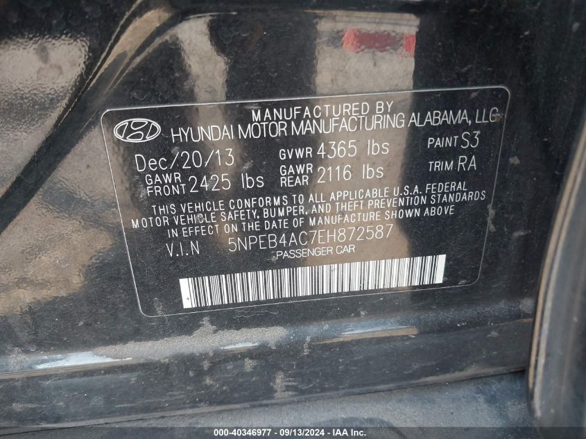 2014 Hyundai Sonata Gls VIN: 5NPEB4AC7EH872587 Lot: 40346977