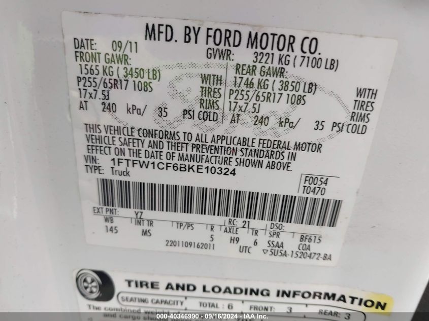 2011 Ford F150 Supercrew VIN: 1FTFW1CF6BKE10324 Lot: 40346990