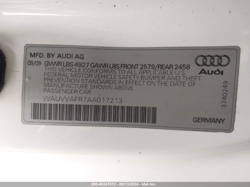 2010 Audi S5 4.2 Premium Plus VIN: WAUVVAFR7AA017213 Lot: 40347012