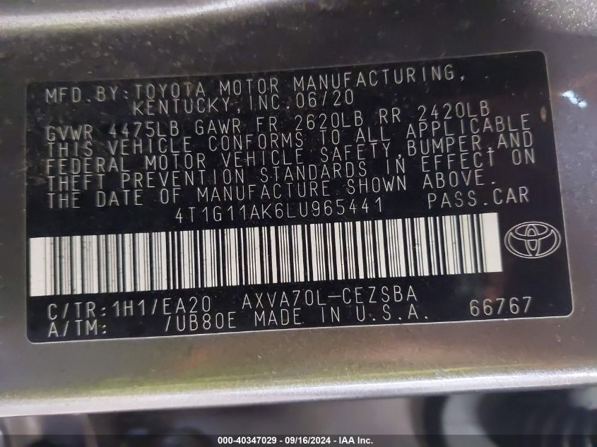 4T1G11AK6LU965441 2020 Toyota Camry Se