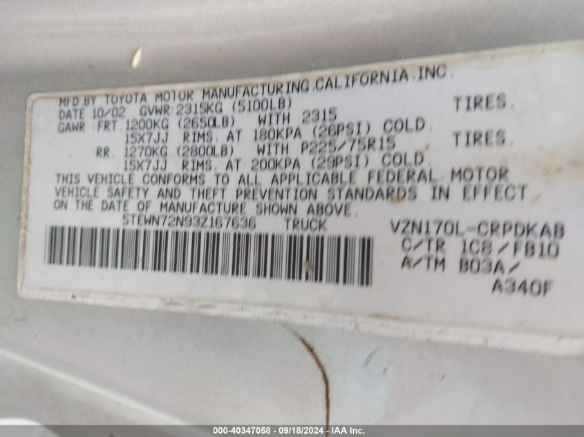 5TEWN72N93Z167636 2003 Toyota Tacoma Base V6