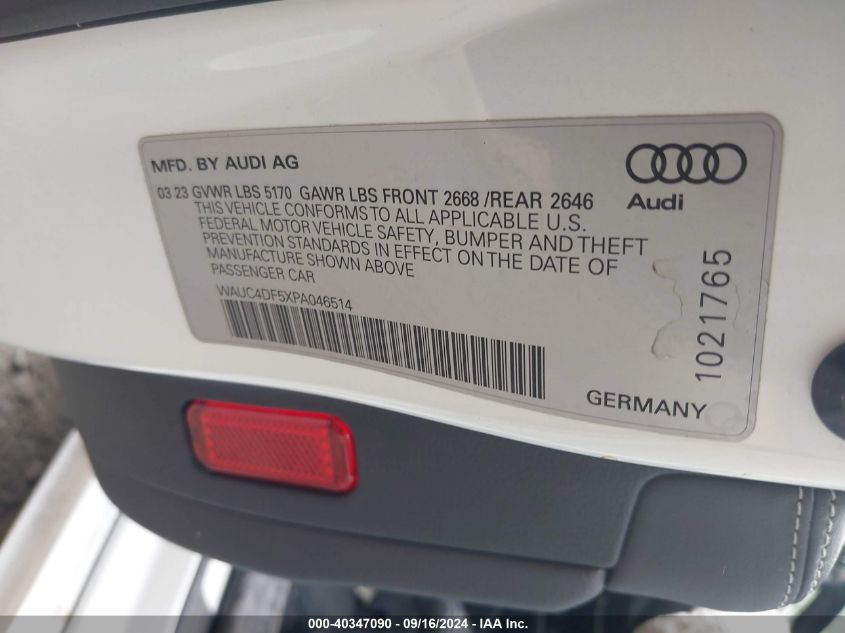 2023 Audi S5 Sportback Premium Plus Tfsi Quattro Tiptronic VIN: WAUC4DF5XPA046514 Lot: 40347090