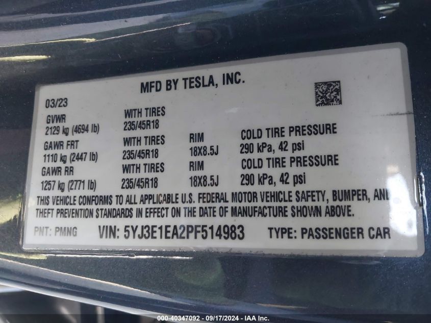 2023 TESLA MODEL 3 REAR-WHEEL DRIVE - 5YJ3E1EA2PF514983