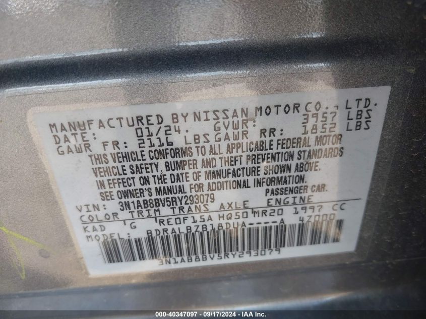 2024 Nissan Sentra S Xtronic Cvt VIN: 3N1AB8BV5RY293079 Lot: 40347097