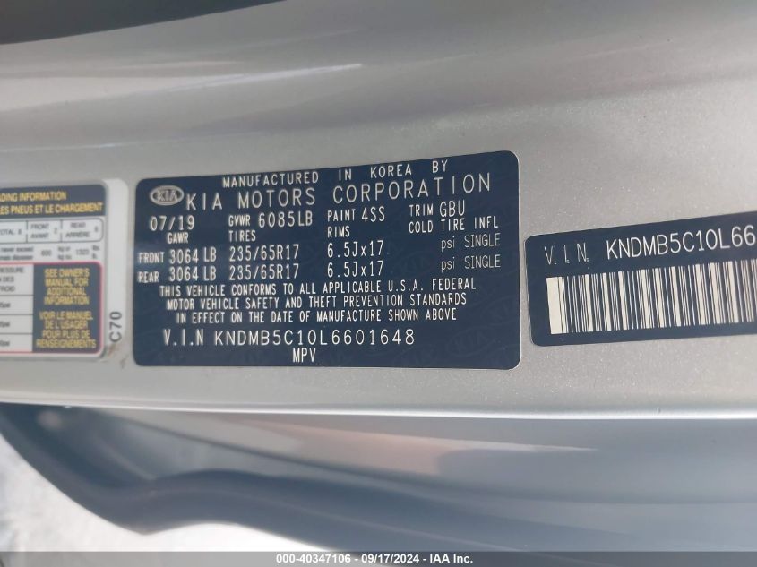 KNDMB5C10L6601648 2020 Kia Sedona Lx