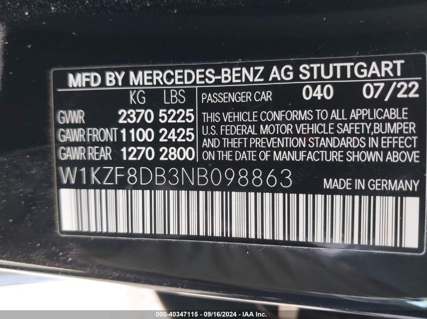 W1KZF8DB3NB098863 2022 Mercedes-Benz E 350