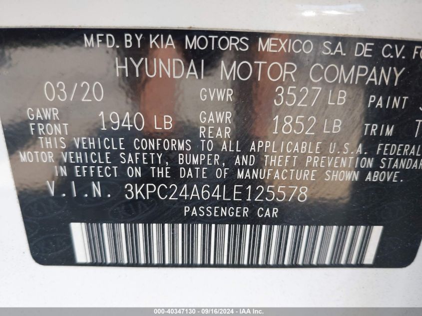 2020 Hyundai Accent Se VIN: 3KPC24A64LE125578 Lot: 40347130