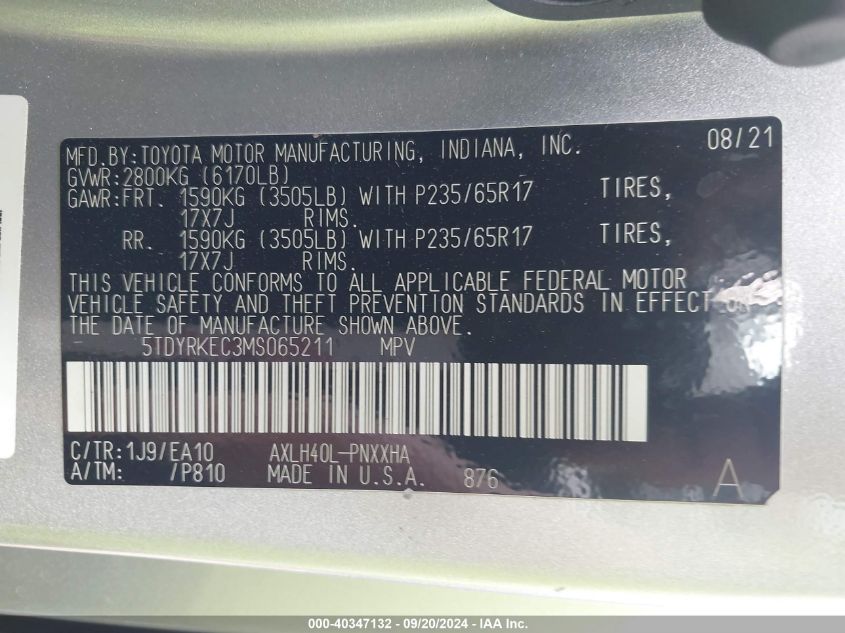 5TDYRKEC3MS065211 2021 Toyota Sienna Xle