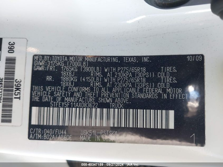 5TFEY5F11AX083622 2010 Toyota Tundra Grade 5.7L V8