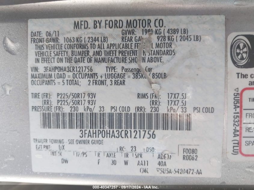 2012 Ford Fusion Se VIN: 3FAHP0HA3CR121756 Lot: 40347257