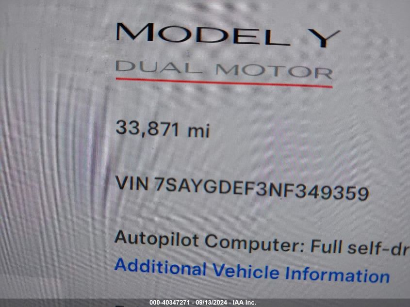 2022 Tesla Model Y Performance Dual Motor All-Wheel Drive VIN: 7SAYGDEF3NF349359 Lot: 40347271