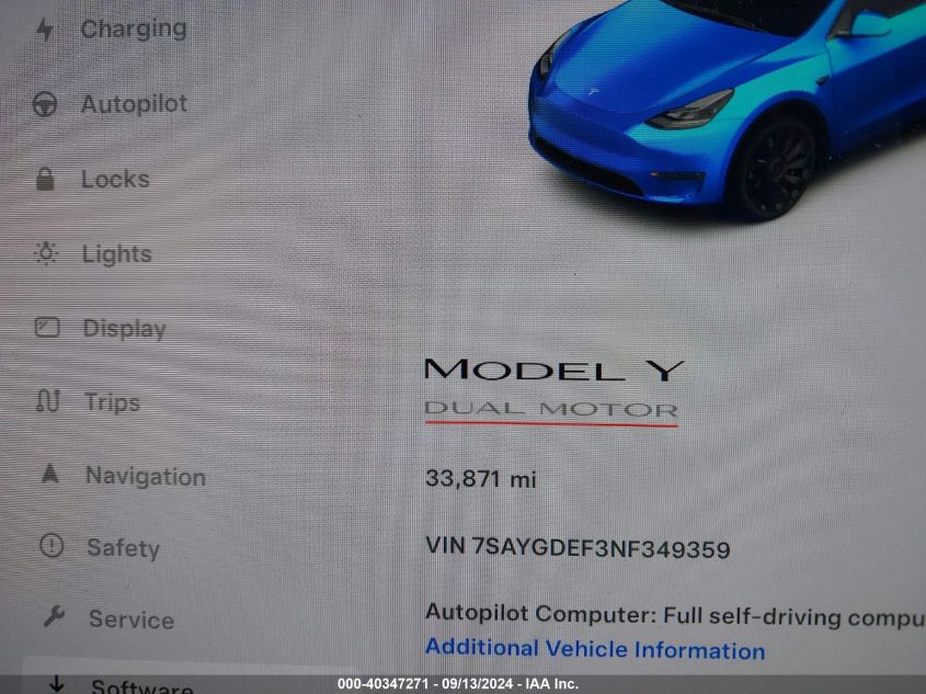 2022 Tesla Model Y Performance Dual Motor All-Wheel Drive VIN: 7SAYGDEF3NF349359 Lot: 40347271