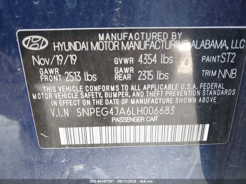 2020 Hyundai Sonata Se VIN: 5NPEG4JA6LH006683 Lot: 40347297