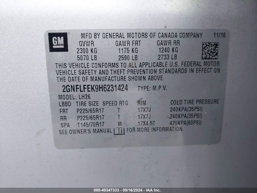 2GNFLFEK9H6231424 2017 Chevrolet Equinox Lt