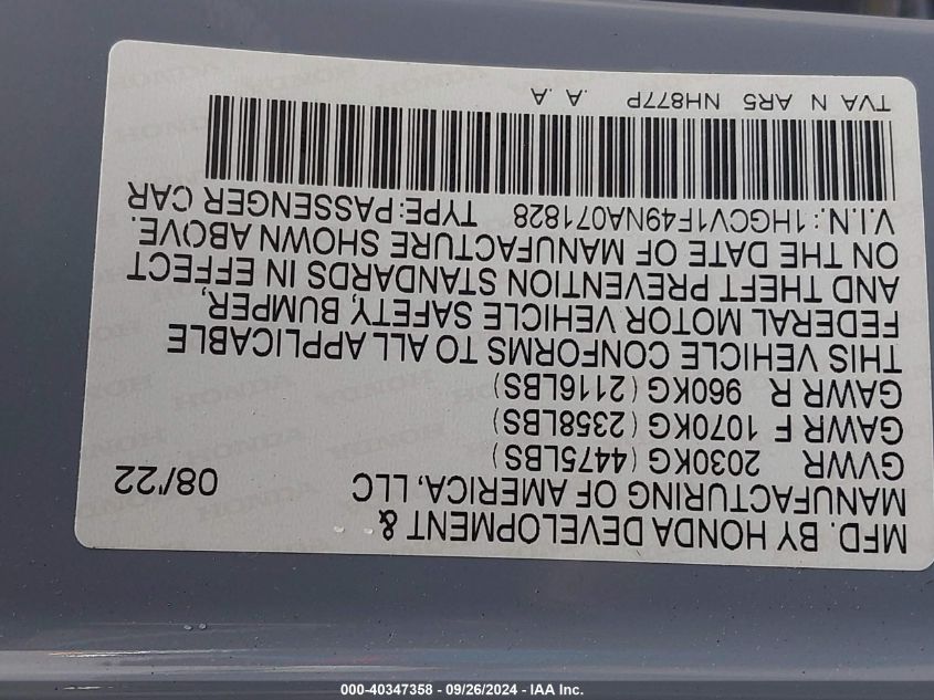 2022 Honda Accord Sport Se VIN: 1HGCV1F49NA071828 Lot: 40347358