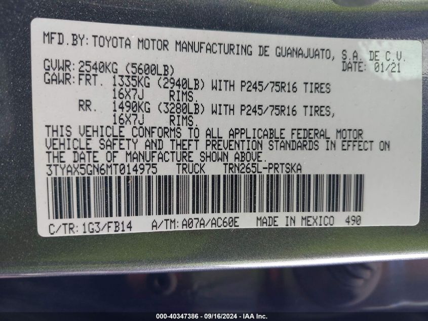 2021 Toyota Tacoma Sr VIN: 3TYAX5GN6MT014975 Lot: 40347386