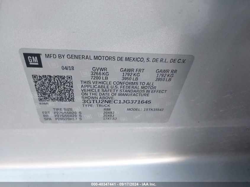 3GTU2NEC1JG371645 2018 GMC Sierra 1500 Slt