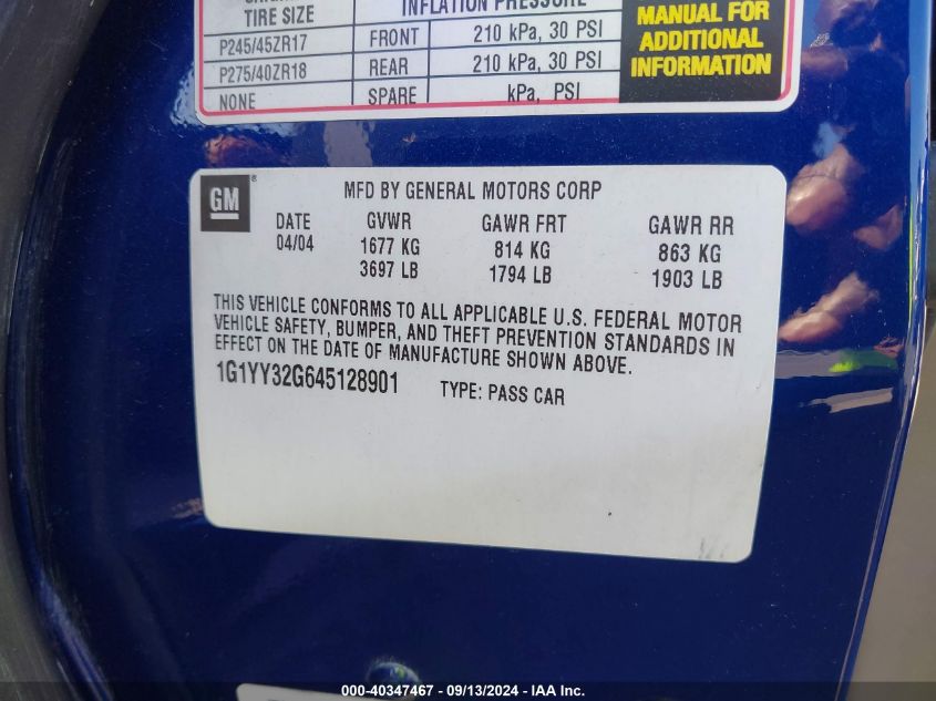 2004 Chevrolet Corvette VIN: 1G1YY32G645128901 Lot: 40347467