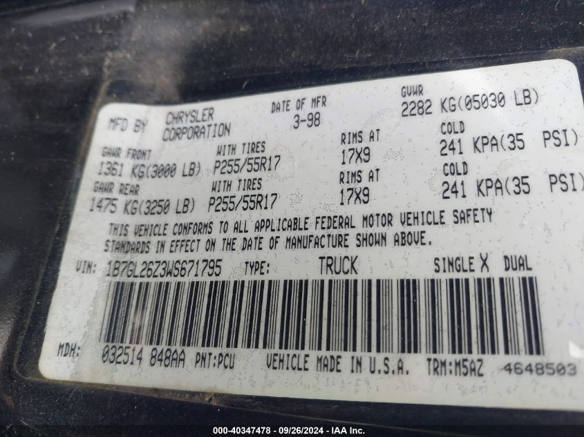 1B7GL26Z3WS671795 1998 Dodge Dakota Sport