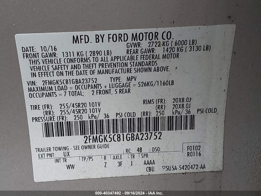 2FMGK5C81GBA23752 2016 Ford Flex Sel