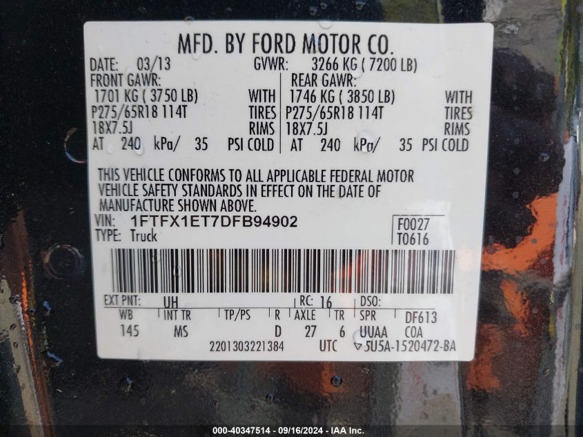 2013 Ford F-150 Xlt VIN: 1FTFX1ET7DFB94902 Lot: 40347514