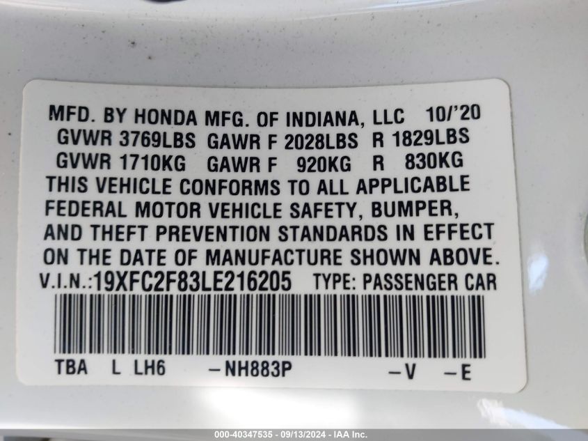 2020 Honda Civic Sport VIN: 19XFC2F83LE216205 Lot: 40347535