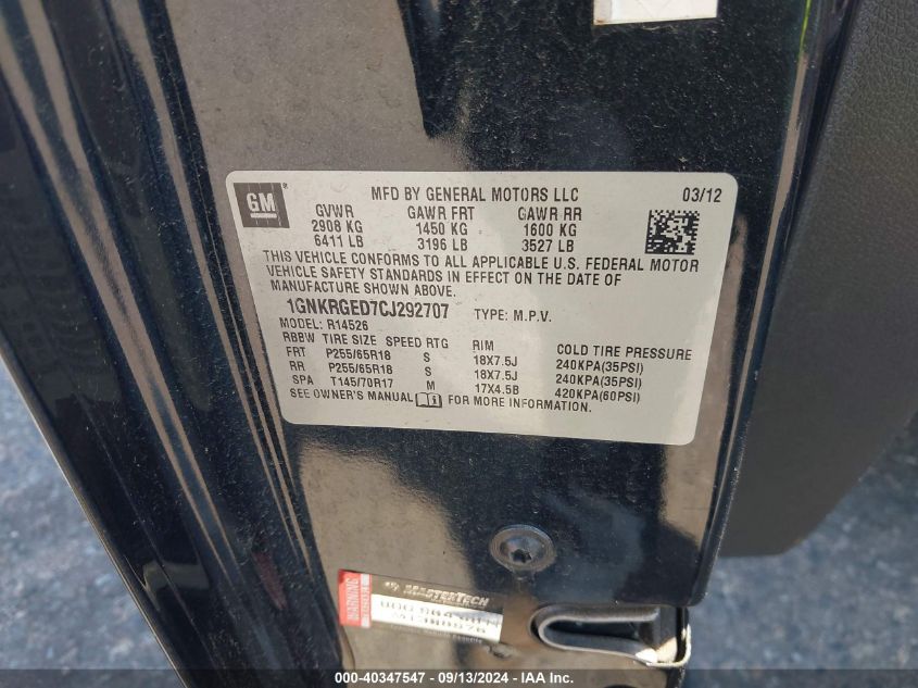 2012 Chevrolet Traverse 1Lt VIN: 1GNKRGED7CJ292707 Lot: 40347547