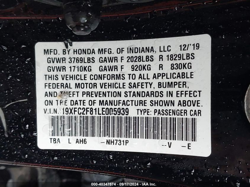 2020 Honda Civic Sport VIN: 19XFC2F81LE005939 Lot: 40347574