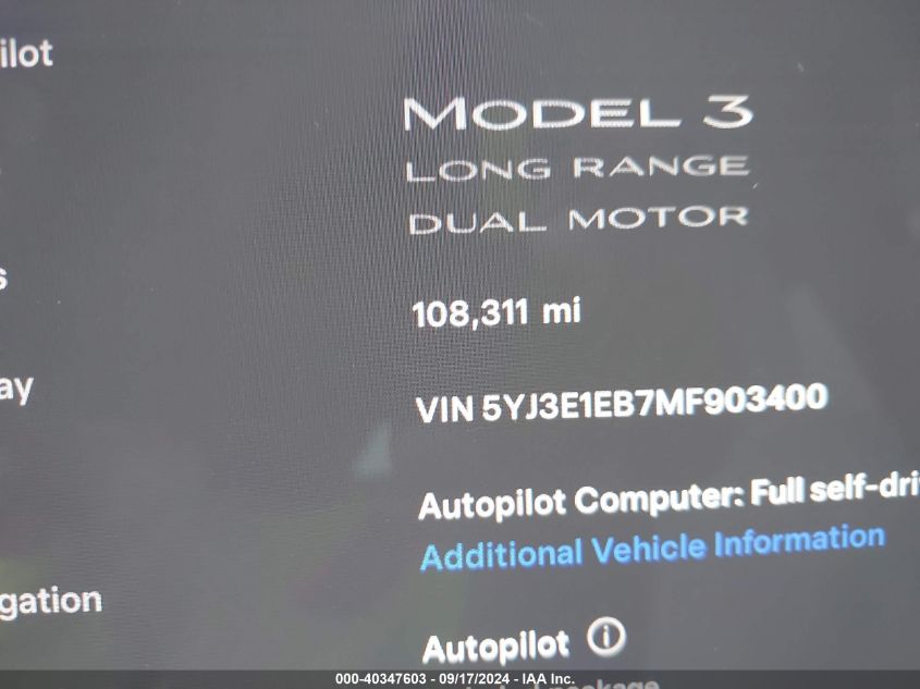 2021 Tesla Model 3 Long Range Dual Motor All-Wheel Drive VIN: 5YJ3E1EB7MF903400 Lot: 40347603