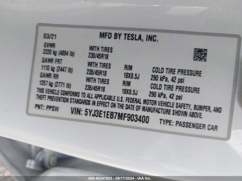 2021 Tesla Model 3 Long Range Dual Motor All-Wheel Drive VIN: 5YJ3E1EB7MF903400 Lot: 40347603