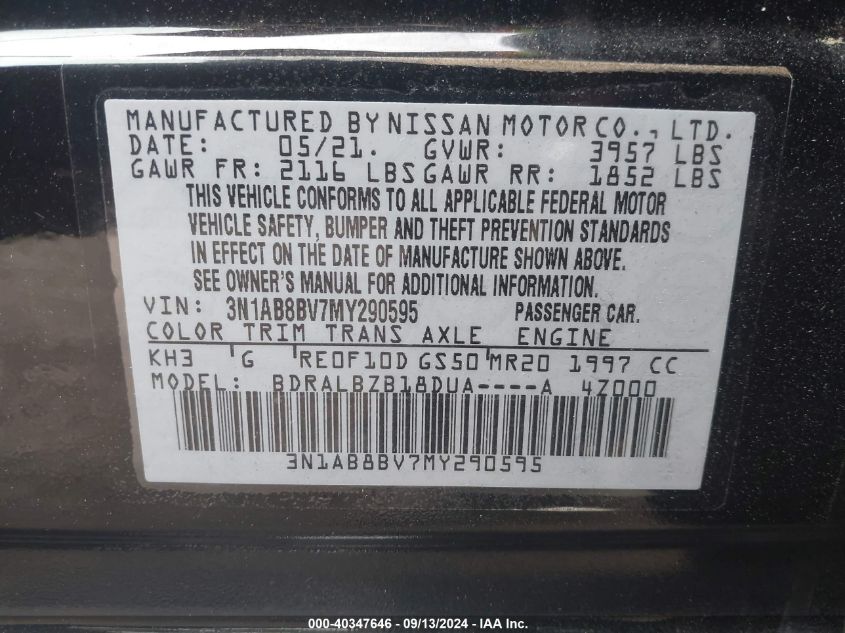 2021 Nissan Sentra S Xtronic Cvt VIN: 3N1AB8BV7MY290595 Lot: 40347646