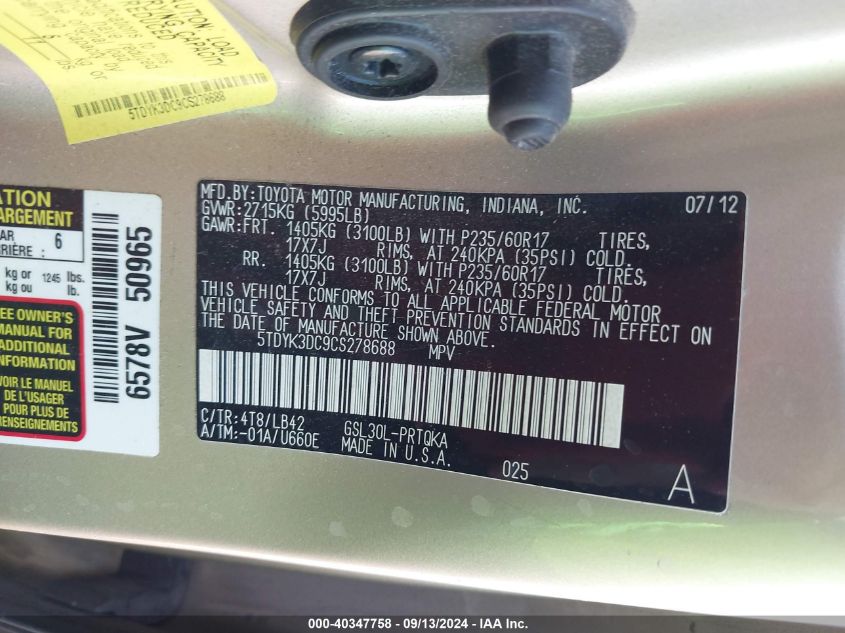 5TDYK3DC9CS278688 2012 Toyota Sienna Xle V6 8 Passenger