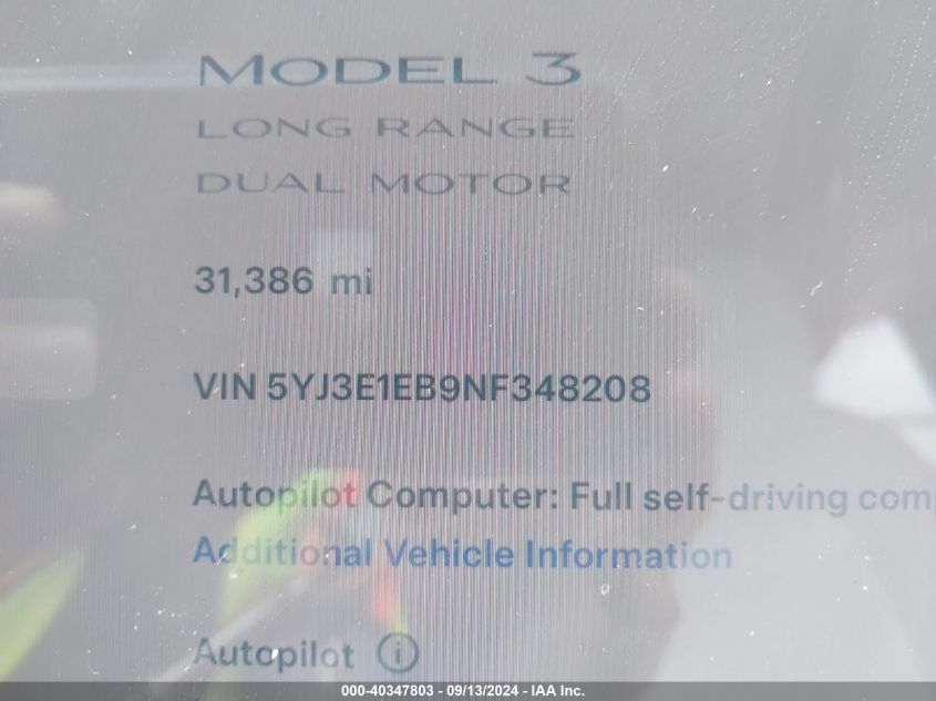 2022 Tesla Model 3 Long Range Dual Motor All-Wheel Drive VIN: 5YJ3E1EB9NF348208 Lot: 40347803